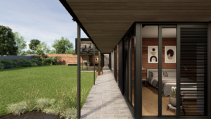 A long, linear covered walkway along the side of the house, facing a glass facade that looks into a modern interior filled with artwork.