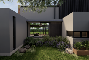 A quiet, small inner courtyard garden space bounded by minimalist grey concrete walls and large glass viewing windows.