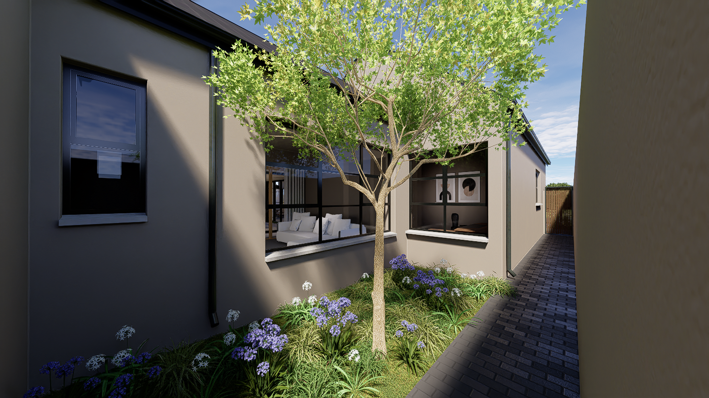 A small, open-air internal courtyard oasis nestled between dark house walls, featuring a central tree and purple flowering plants. A small, open-air internal courtyard oasis nestled between dark house walls, featuring a central tree and purple flowering plants.