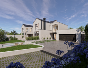 Front exterior view of a contemporary luxury home showing the paved driveway, garage, and landscaped entry garden.