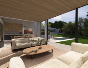 Elegant outdoor lounge setup on a covered patio with a contemporary sofa, wooden coffee table, and a view of the pool.
