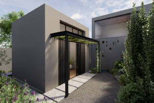 A minimalist grey cubic studio outbuilding featuring a black metal awning, large glass entryway, and clean concrete tile steps.