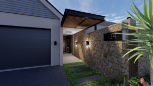 Close-up view of the home's entrance walkway path flanked by a dark stone feature wall with warm outdoor lighting sconces under a timber pergola canopy.