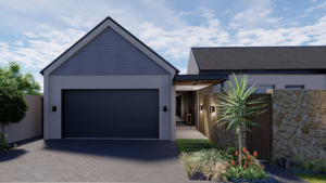 Direct front angle of the grey gabled double garage and concrete driveway with a glimpse of the stone entryway to the right.