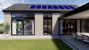 Exterior view of the house showing a bank of blue solar panels installed across the pitched roof above large sliding aluminium glass doors