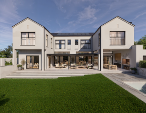 Symmetrical rear view of a modern house highlighting the ground floor covered outdoor patio and upper-level windows.