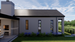 Side view of the house exterior showing vertical glass panel windows and an integrated built-in outdoor braai chimney.