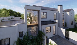High-angle exterior rendering of a modern home highlighting a prominent multi-story glass atrium staircase enclosure and clean geometric rooflines.