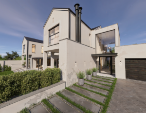 Architectural rendering of a house side entrance featuring glass walls, concrete steps with grass accents, and minimalist landscaping.