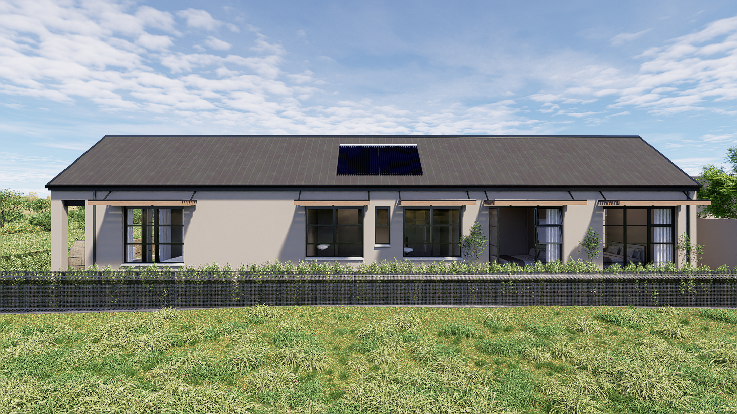 A clean, straight-on view of the side exterior wall featuring four large black-framed windows overlooking a grassy slope. A clean, straight-on view of the side exterior wall featuring four large black-framed windows overlooking a grassy slope.