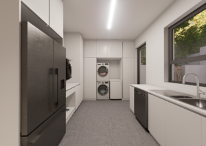 Clean, minimalist laundry room featuring a stacked washing machine and tumble dryer, white counters, and a window. Page 4: Elevated Exterior & Atrium Feature