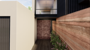 A narrow outdoor walkway framed by a prominent wood-grained feature wall and a sleek white concrete facade leading past dark window frames.