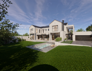 Modern two-story luxury house exterior featuring a light grey facade, a geometric swimming pool on a green lawn, and a spacious covered patio.