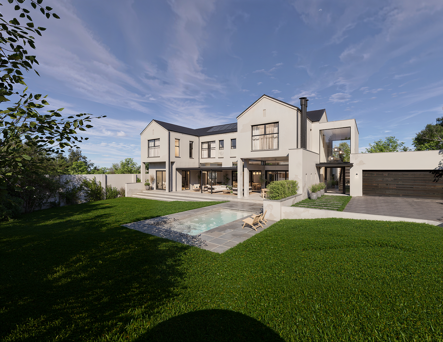 Modern two-story luxury house exterior featuring a light grey facade, a geometric swimming pool on a green lawn, and a spacious covered patio.