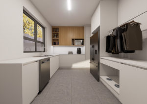 Narrow walk-in scullery with white countertops, upper and lower cabinetry, a sink, and a black double-door refrigerator. 5. Laundry Room (Bottom Right 1)