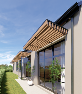 Close-up view of large floor-to-ceiling black-framed sliding glass doors shaded by elegant timber pergola louvres above.