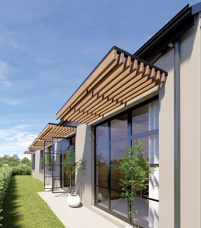 Close-up view of large floor-to-ceiling black-framed sliding glass doors shaded by elegant timber pergola louvres above. Close-up view of large floor-to-ceiling black-framed sliding glass doors shaded by elegant timber pergola louvres above.
