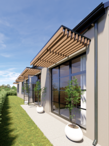 Close-up view of large floor-to-ceiling black-framed sliding glass doors shaded by elegant timber pergola louvres above.