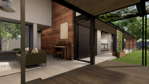 Looking down the covered patio corridor, showing outdoor lounge seating, warm wood accent walls, and a seamless connection to the glass-walled living areas.