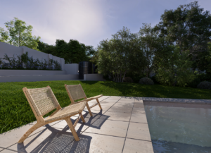 Close-up of two modern wooden lounge chairs sitting on a tiled deck next to a swimming pool and garden wall.