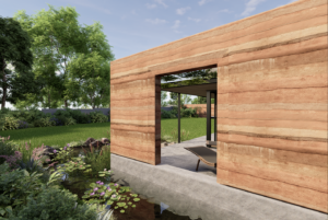 A detailed shot of the earth-toned horizontal layers of a rammed earth wall, with a cut-out window viewing a lush garden path.
