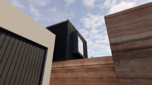 Low-angle architectural shot showing the intersection of black vertical metal cladding, concrete structural lines, and a warm wooden soffit under a bright sky
