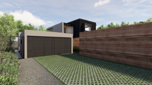 Exterior street view of The Goose Nest featuring a large textured rammed earth wall, a minimalist gray garage with vertical slats, and a green eco-friendly grid paver driveway.