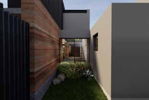 Looking down a side path, highlighted by a rich wood-panelled wall on the left and a clean white concrete structural block on the right.
