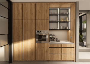 Sleek floor-to-ceiling wooden kitchen cabinets with a built-in stainless steel oven and coffee station.