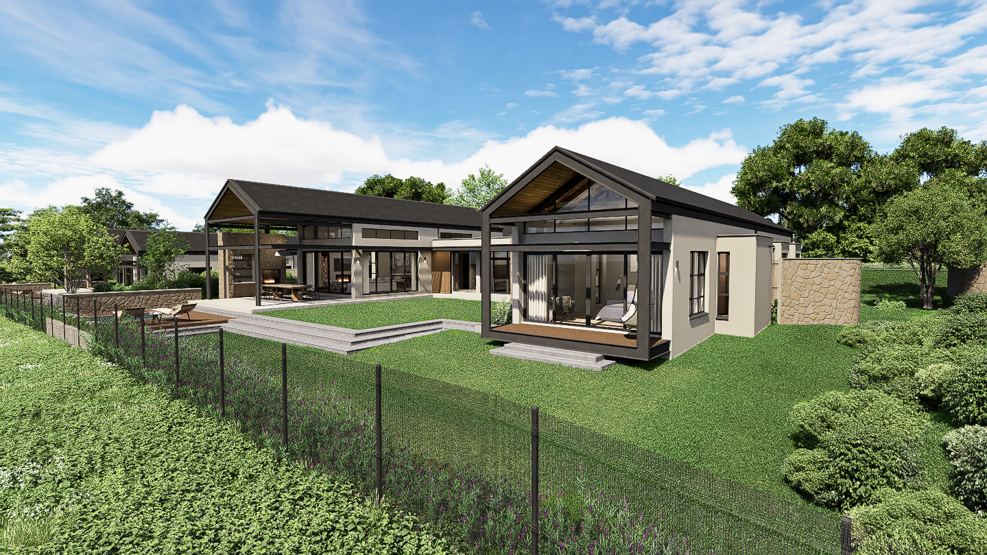 Main bedroom, steel portal frame gable ends, pitched roofs, covered porch, east