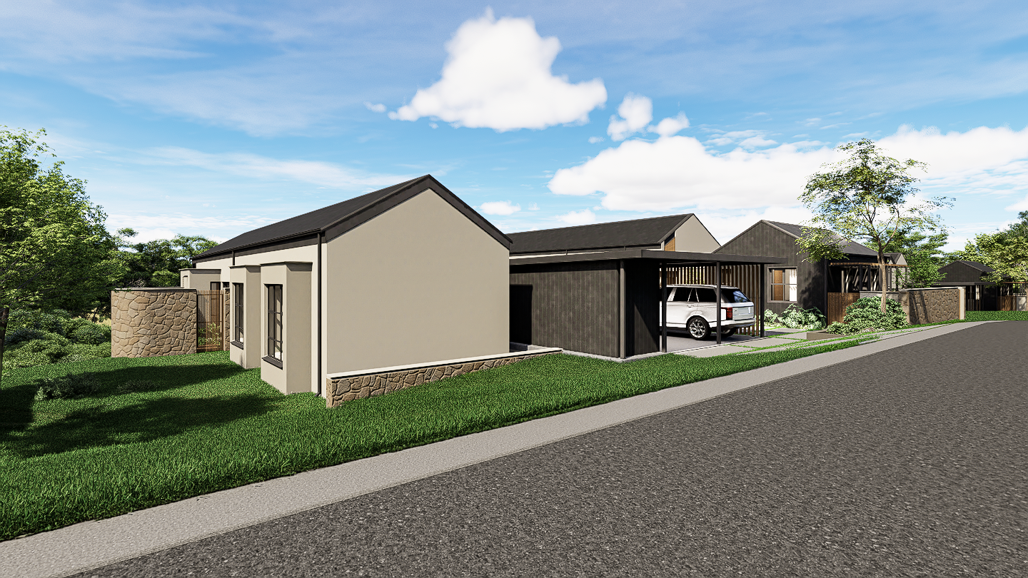 bedroom wing, covered carport, IBR sheeting, pitched roofs