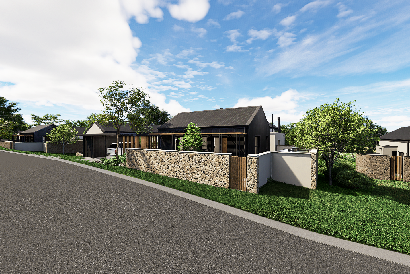 DSQ from street, IBR sheeting, pitched roofs, timber pergola, stone cladding