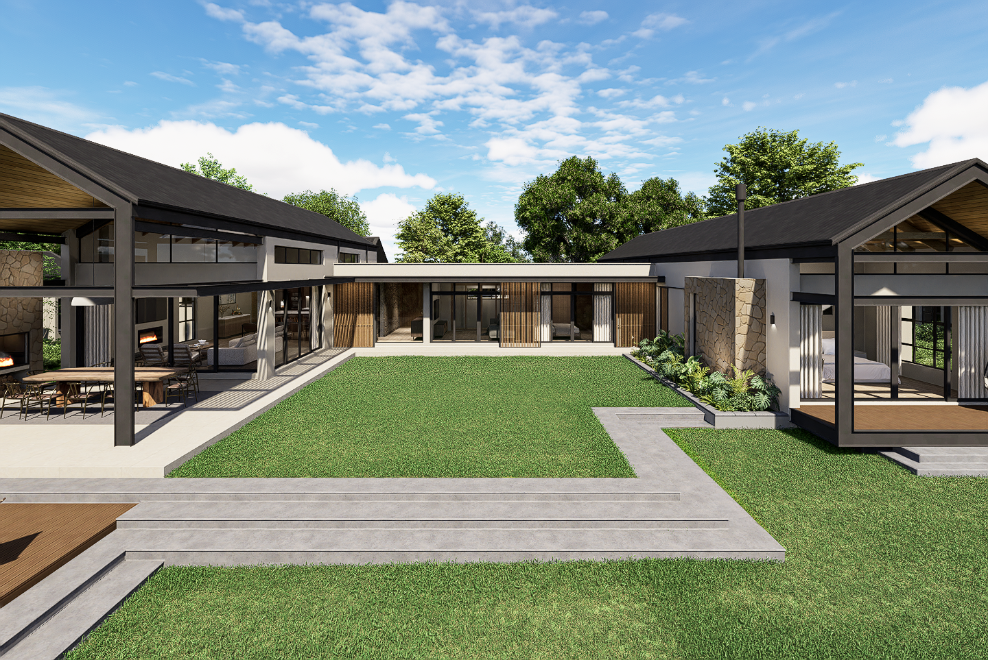 garden Courtyard, steel portal frame gable ends, pitched roofs, covered porch, pergola