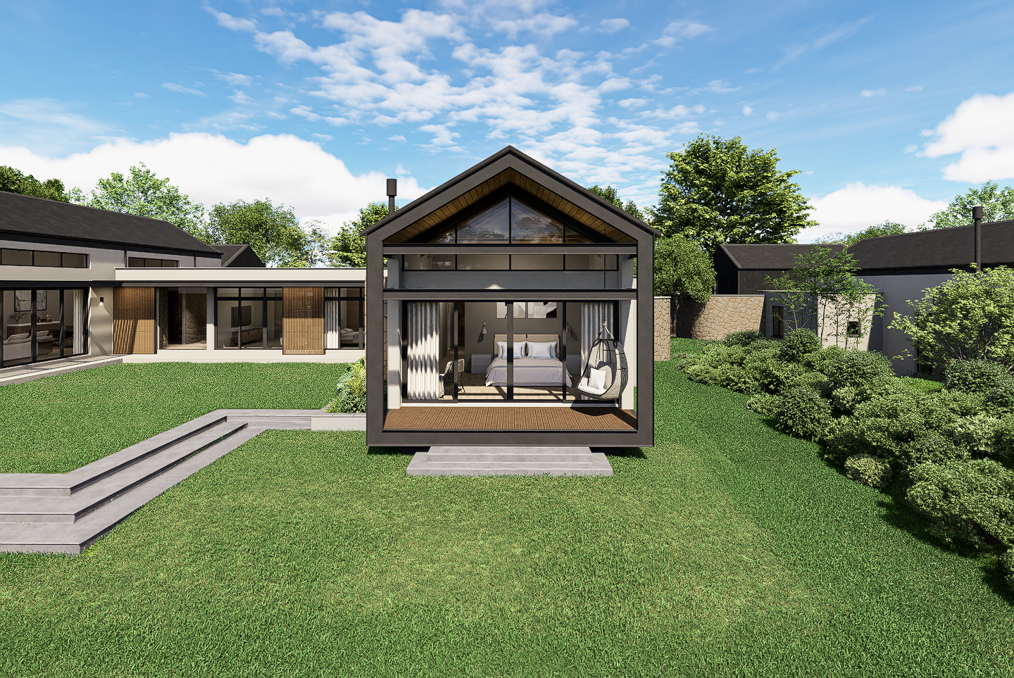 Main bedroom, steel portal frame gable end, pitched roofs, covered porch