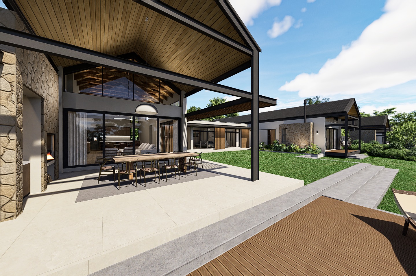 Patio close up from pool, steel portal frame gable ends, pitched roofs, raked timber ceiling