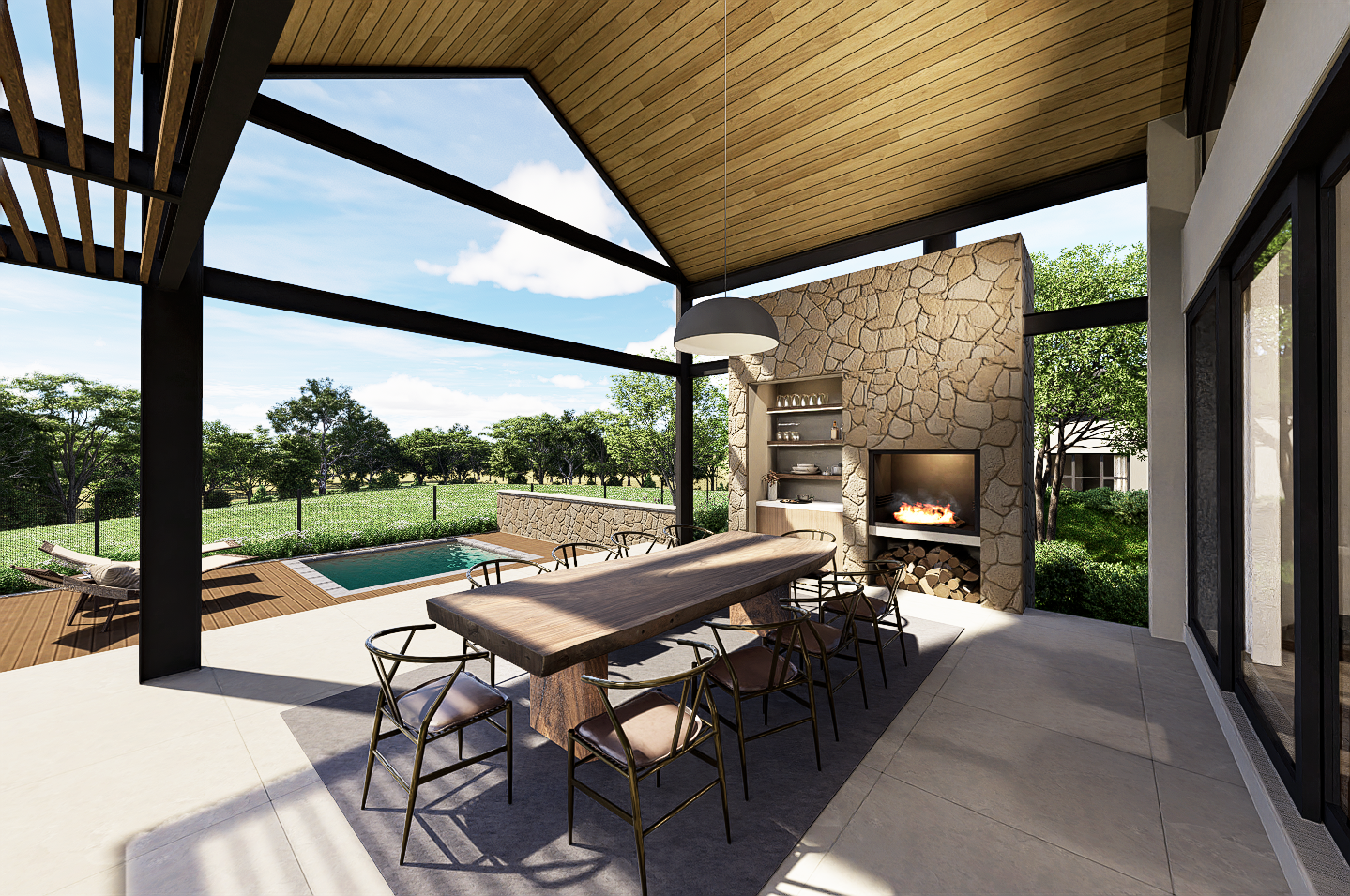 Patio and pool, steel portal frame gable ends, pitched roofs, raked timber ceiling, stone cladding