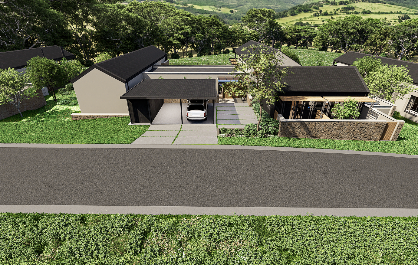 Birdseye view from the west of covered carport, IBR sheeting, pitched roofs