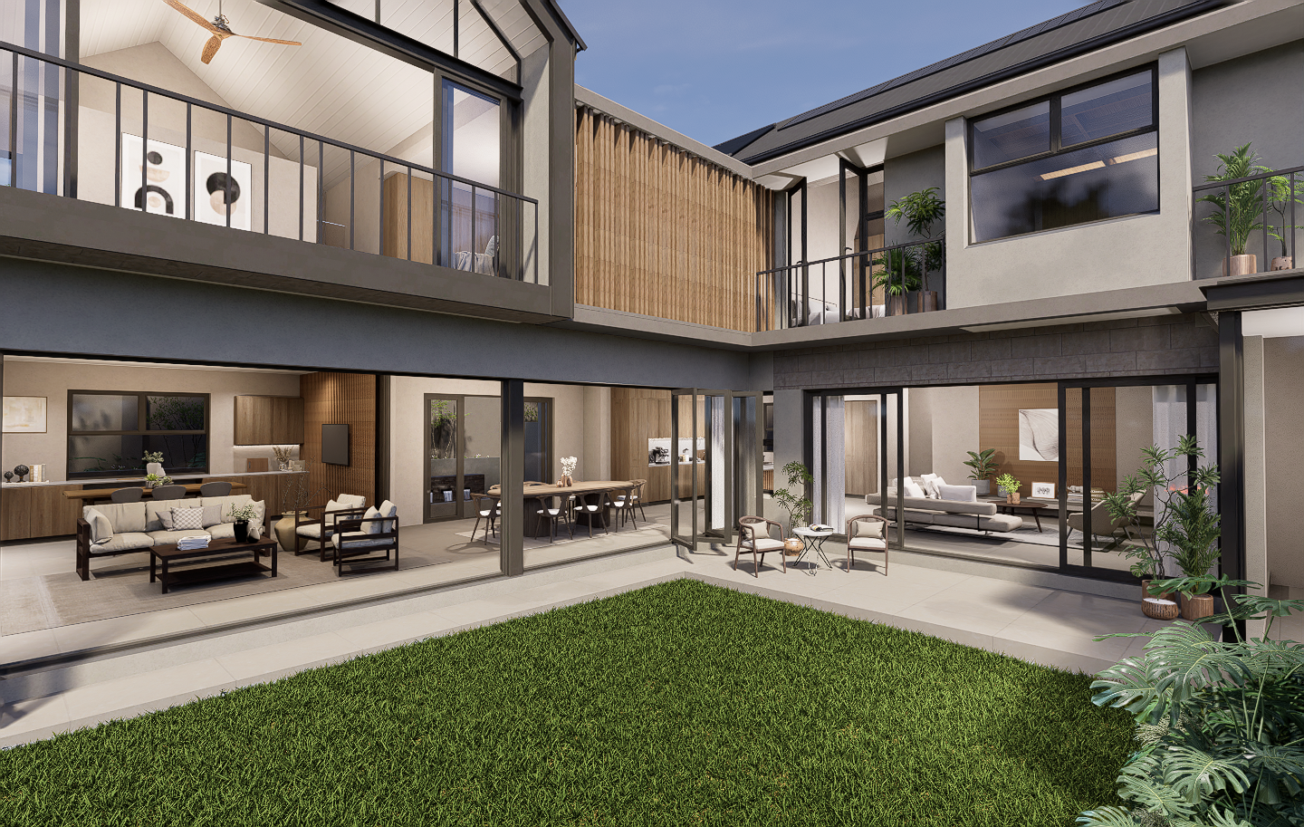 Double storey courtyard space, lounge and dining area