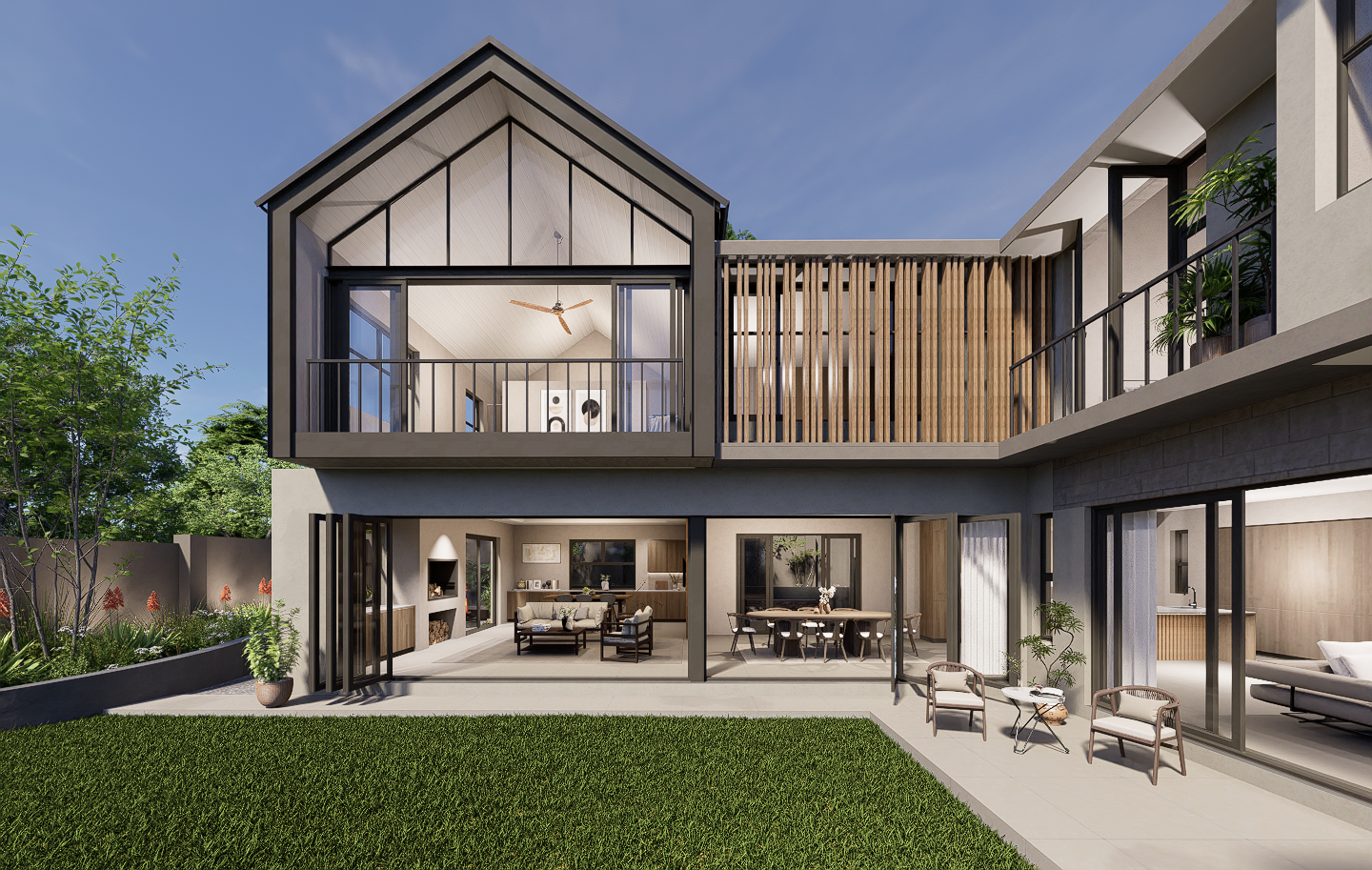 double storey courtyard space, lounge and dining area