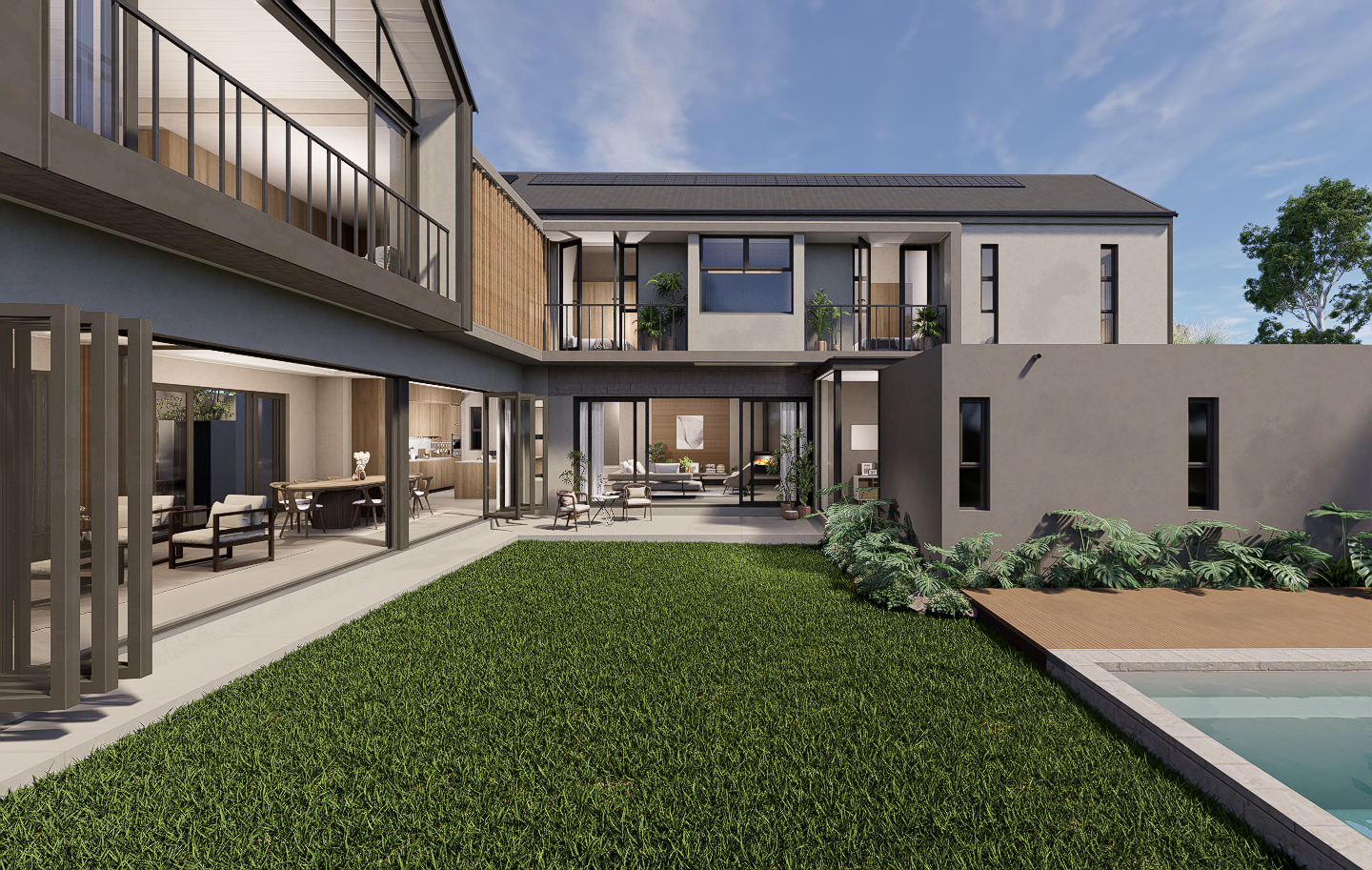 double storey courtyard space, lounge and dining area