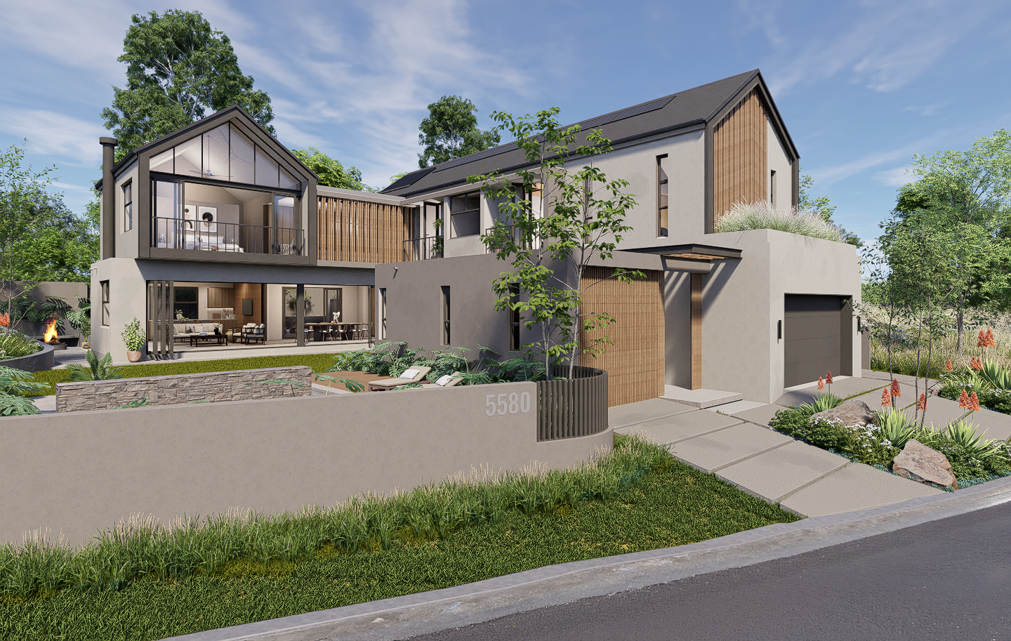 north View, covered entrance, timber slats, planted balcony