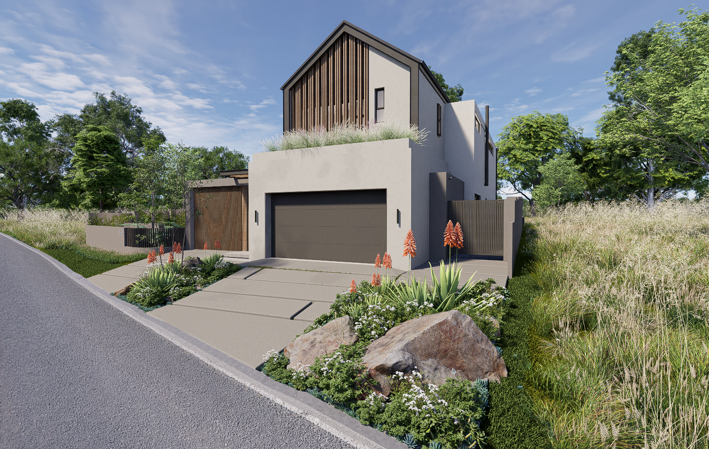 North View, double storey house, garage, planted balcony north View, double storey house, garage, planted balcony
