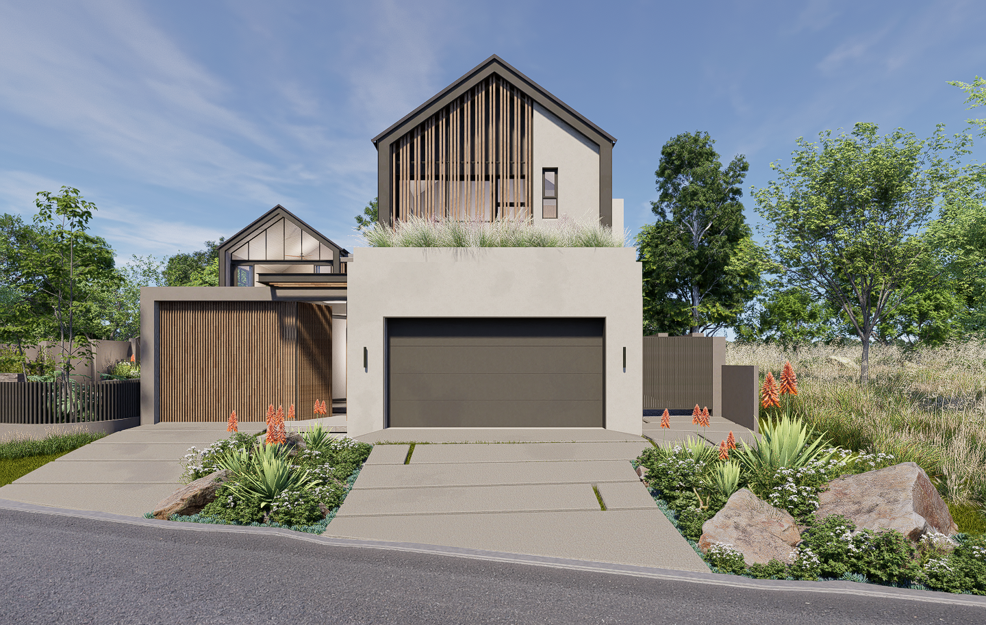 North elevation, covered entrance, timber slats, aluminium portal frame, planted balcony