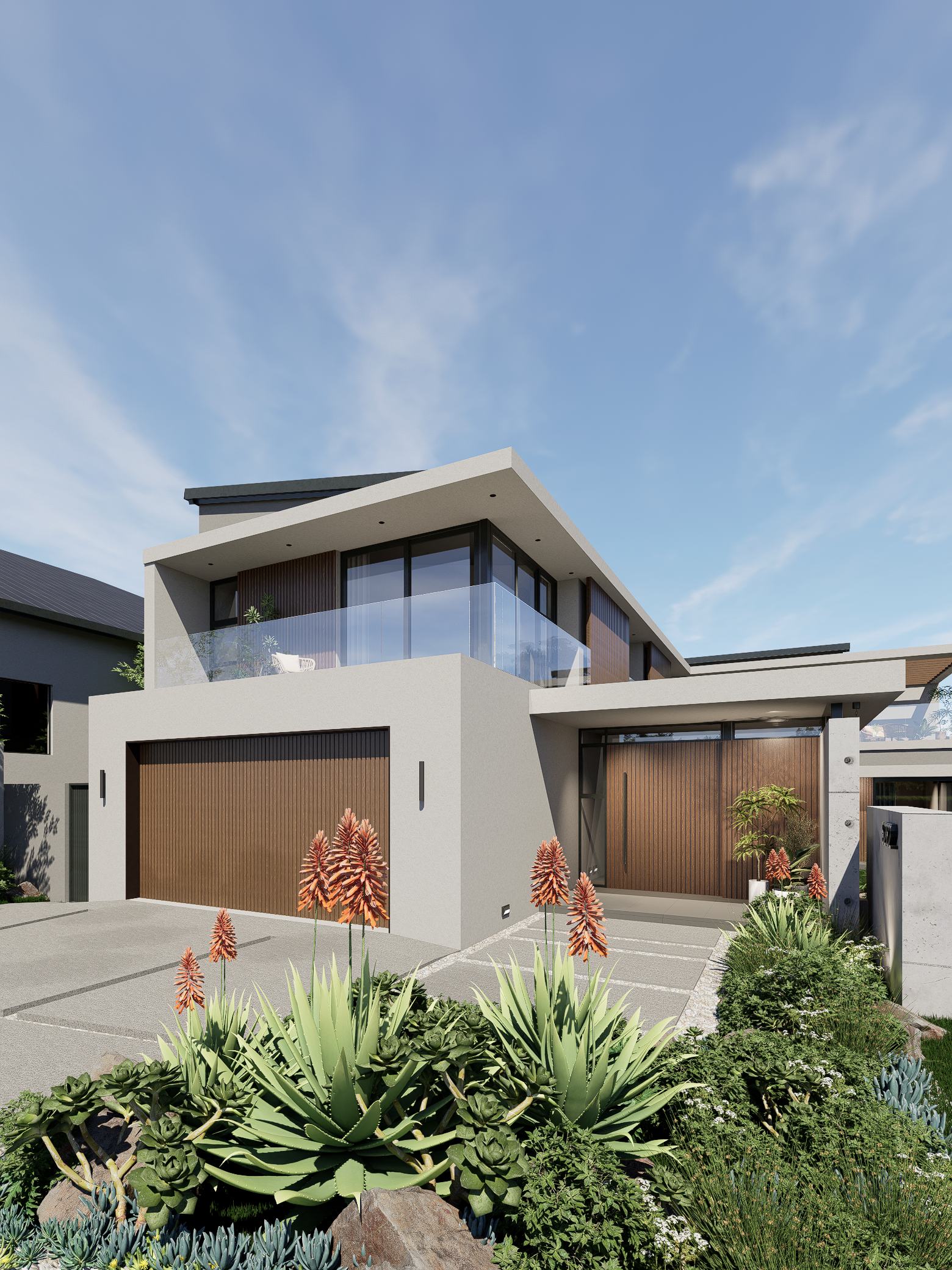 North view entrance, double garage, timber slats