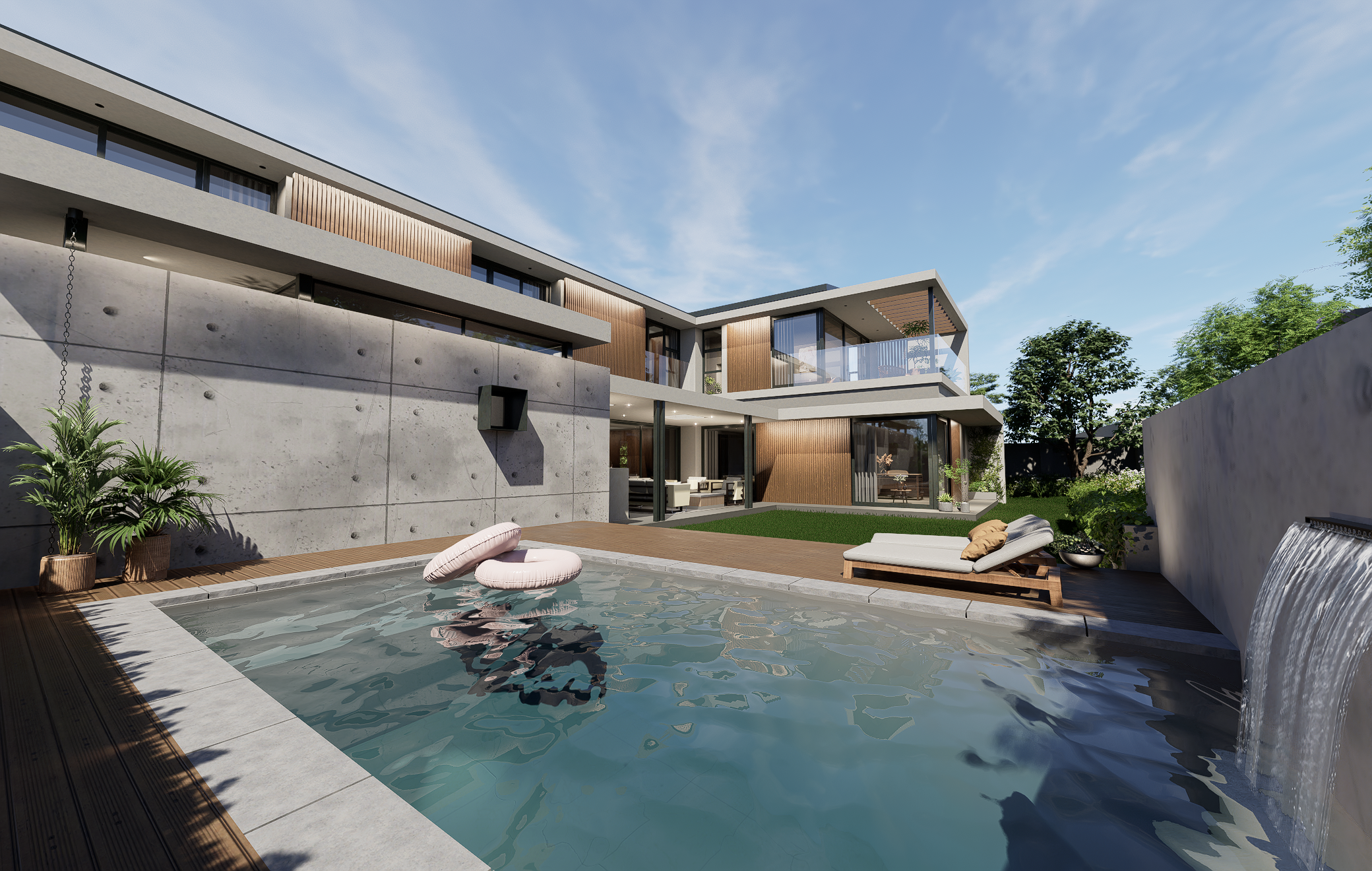 Pool view, concrete off shutter wall