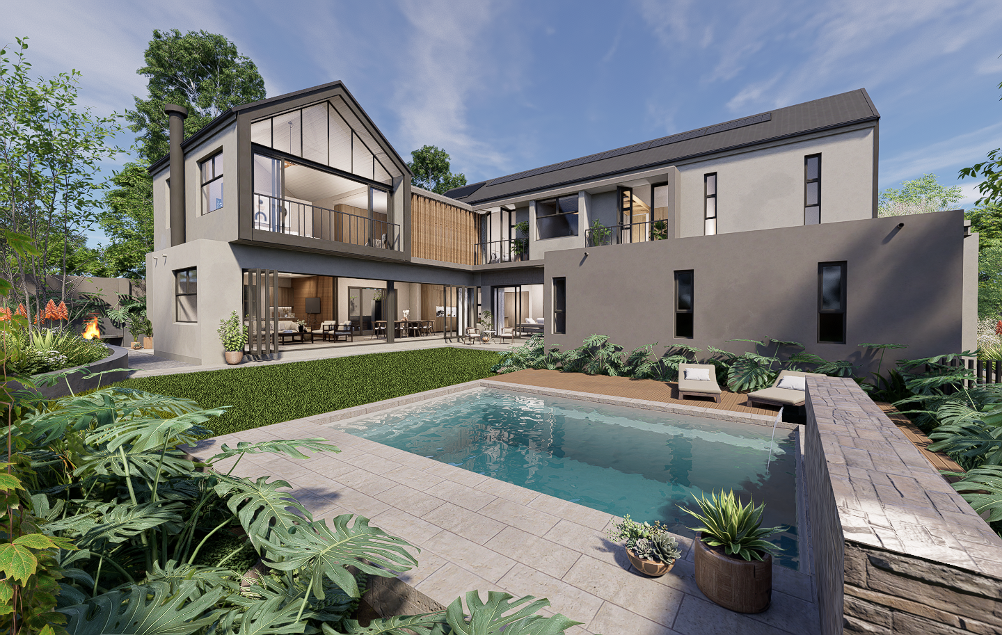 Double storey courtyard space, lounge and dining area