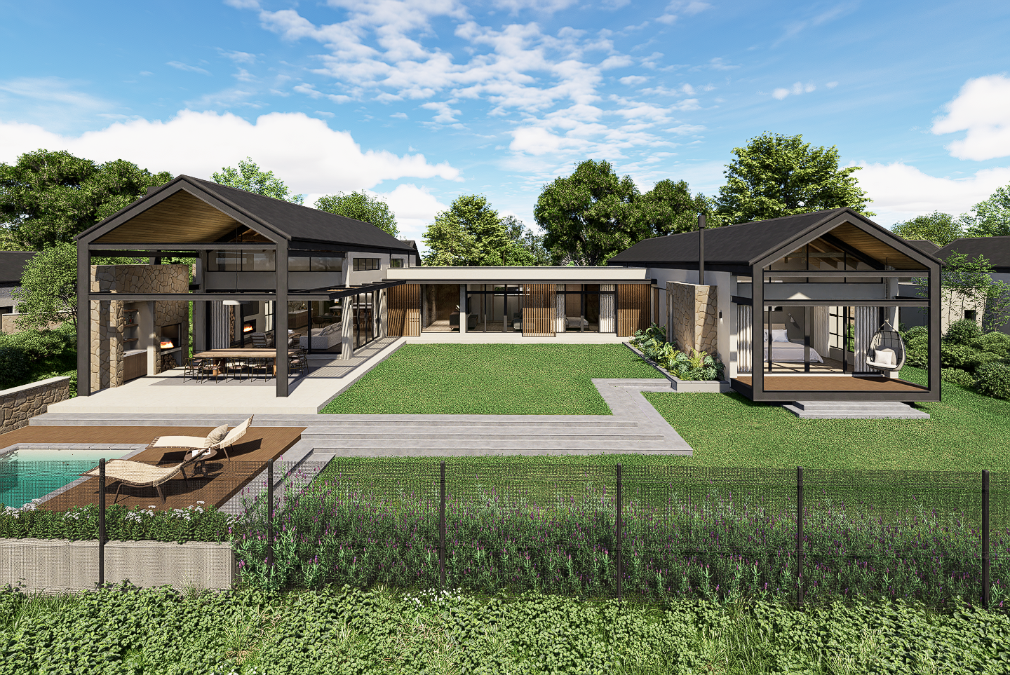 East view of steel portal frame, gable ends, pitched roofs, covered porch, east pool with decking